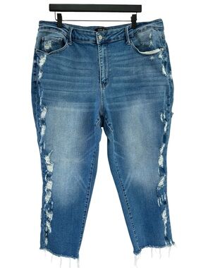 JUDY BLUE Cheyenne Straight Distressed Side Seam Crop Blue Jeans Plus Size 22W